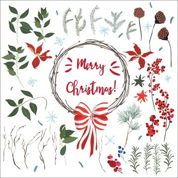 Christmas design elements with a wreath of twigs and a bow, red berries, drie Stock Illustration