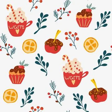 Christmas dessert seamless pattern. Coffee with whipped cream lollipop apple  Stock Illustration