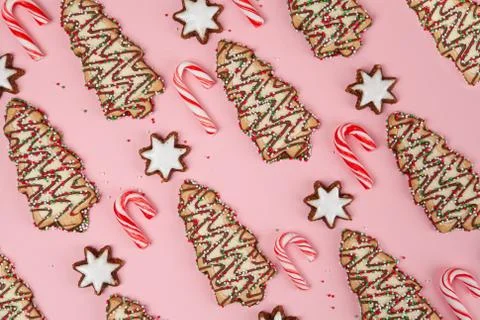 Christmas desserts background pattern - candy canes with stars and Christmas  Stock Photos