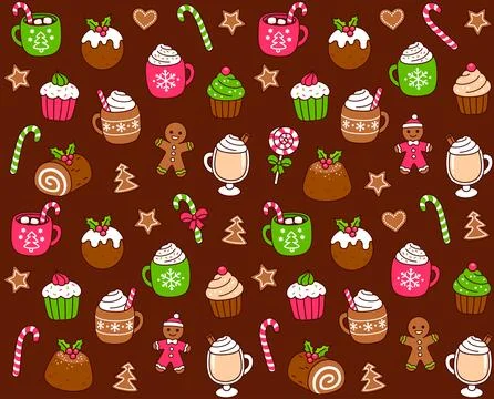 Christmas desserts doodles seamless pattern Stock Illustration
