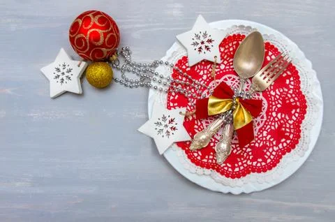 Christmas dining table place setting Stock Photos