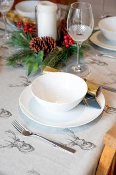 Christmas dining table setup theme Stock Photos