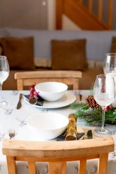 Christmas dining table setup theme Stock Photos
