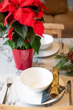 Christmas dining table setup theme Stock Photos