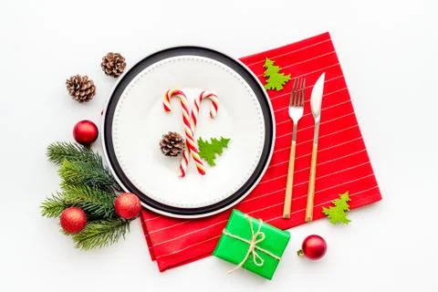 Christmas dinner background. Table setting top view Stock Photos