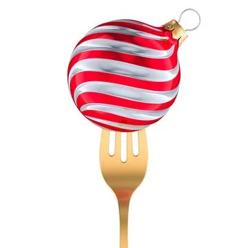 Christmas dinner, concept. Fork with Christmas ball. 3D rendering Stock Illustration