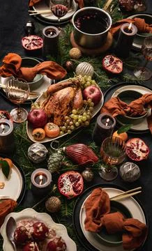 Christmas dinner festive table setting with roast chicken Stock Photos