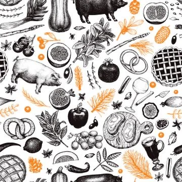 Christmas dinner seamless pattern. Vector hand drawn illustrations. Happy Chr Stock Illustration