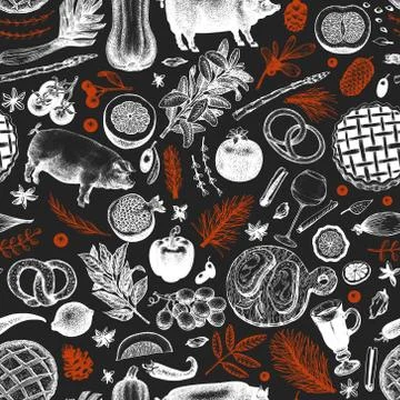 Christmas dinner seamless pattern. Vector hand drawn illustrations on chalk b Stock Illustration