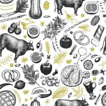 Christmas dinner seamless pattern. Vector hand drawn illustrations. Happy Chr Stock Illustration