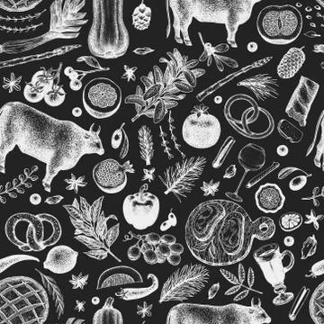 Christmas dinner seamless pattern. Vector hand drawn illustrations on chalk b Illustrazione stock
