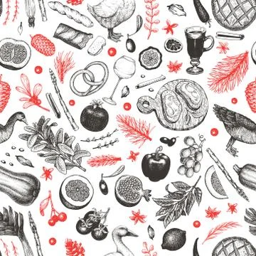 Christmas dinner seamless pattern. Vector hand drawn illustrations. Happy Chr Illustrazione stock