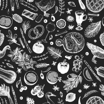 Christmas dinner seamless pattern. Vector hand drawn illustrations on chalk b Illustrazione stock