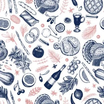 Christmas dinner seamless pattern. Vector hand drawn illustrations. Happy Chr Stock Illustration