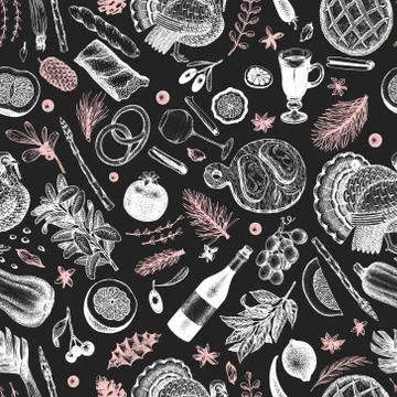 Christmas dinner seamless pattern. Vector hand drawn illustrations on chalk b Stock Illustration