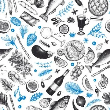 Christmas dinner seamless pattern. Vector hand drawn illustrations. Happy Chr Stock Illustration