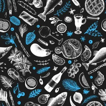 Christmas dinner seamless pattern. Vector hand drawn illustrations on chalk b Stock Illustration