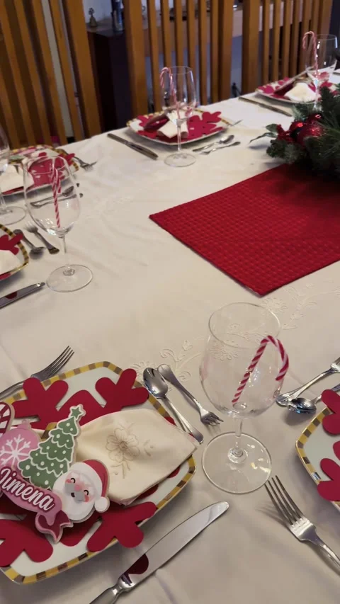 Christmas dinner table decor set with decorations Stock Footage 327304865