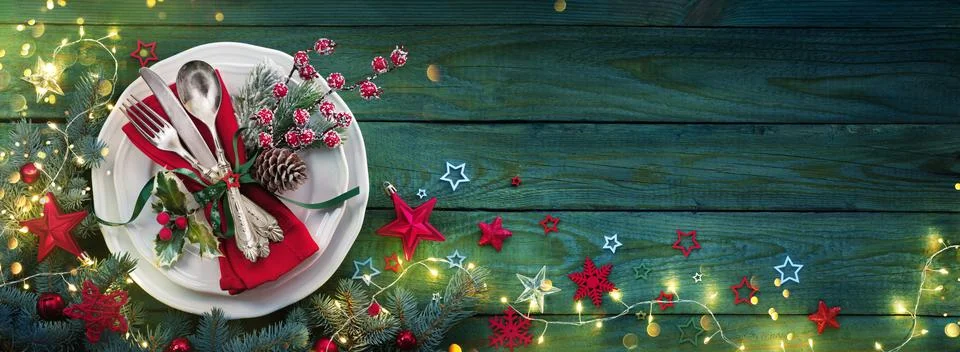 Christmas Dinner - Table Setting With Silverware And Decorations for Menu Stock Photos