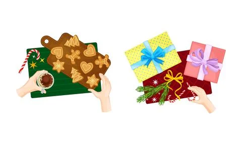 Christmas dinner table. Top view of human hands and festive objects on table Stock Illustration