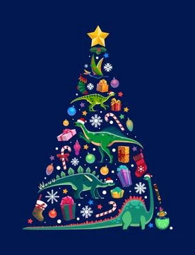 Christmas dinosaurs tree vector festive decoration Stock Illustration