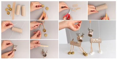 Christmas DIY reindeer puppet tutorial collage with cardboard tubes and bot.. 写真素材