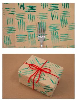 Christmas DIY tutorial showing how to create decorative stamps with a fork .. Stock Photos