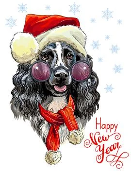 Christmas dog spaniel vector hand drawn illustration Stock Illustration