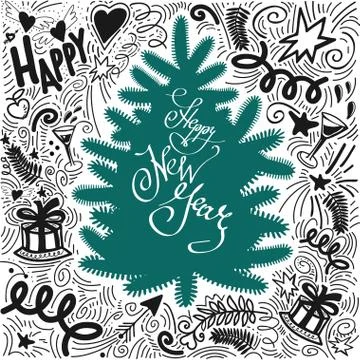 Christmas Doodle Collection. Happy New Year.greeting card. Stock Illustration