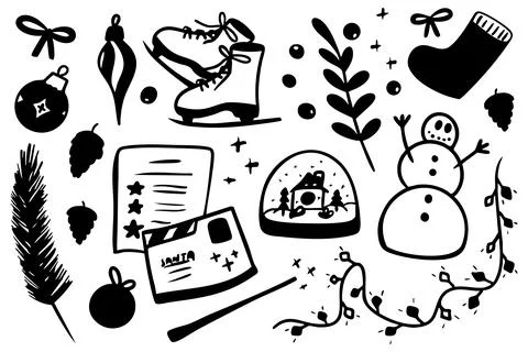 Christmas doodle elements set vector illustration. Black silhouette winter Stockillustratie
