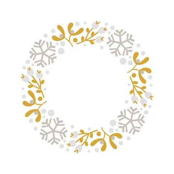 Christmas doodle hand drawn vector wreath floral branch and snowflakes frame for Stock Illustration