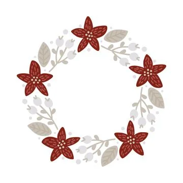 Christmas doodle hand drawn vector wreath floral branch, leaves and snowflakes Stock Illustration