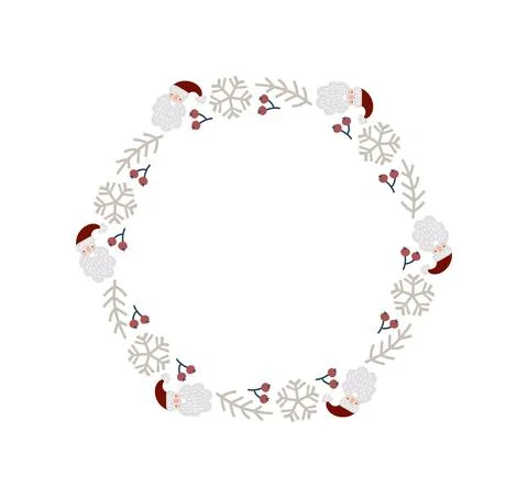 Christmas doodle hand drawn vector frame with snowflake, face santa and branch Stock Illustration