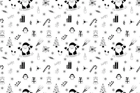 Christmas doodle seamless pattern with hand drawn new year elements on whit.. Stockillustratie