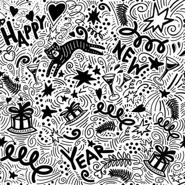 Christmas doodle seamless pattern with New Years symbols drawn by hand. Stock Illustration