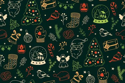 Christmas doodle seamless pattern New year wrapper boundless endless fabric Illustrazione stock