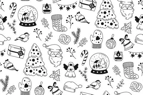 Christmas doodle seamless pattern New year wrapper boundless endless design Stock Illustration