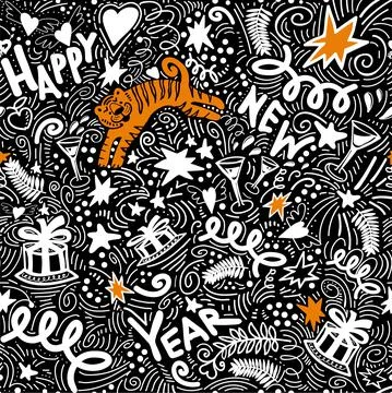 Christmas doodle seamless pattern with New Years symbols and tiger. Illustrazione stock