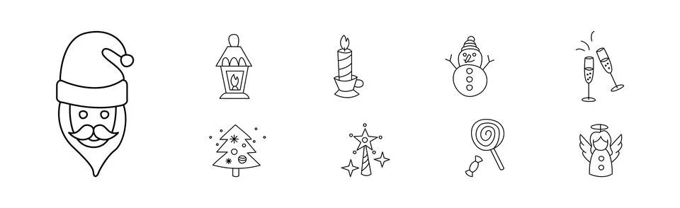 Christmas Doodle Symbol and Objects with Santa, Lantern, Candle, Snowman, Fir Stock Illustration