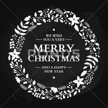 Christmas Doodle Wreath With Greeting. Vector Holiday Card. Xmas