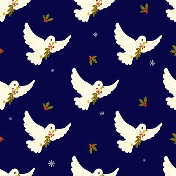 Christmas Dove Seamless pattern. Peaceful Flying white Bird with holly leav.. Stock Illustration