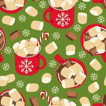 Christmas drink seamless pattern. Red cup of hot cocoa with marshmallows, cho Stock Illustration