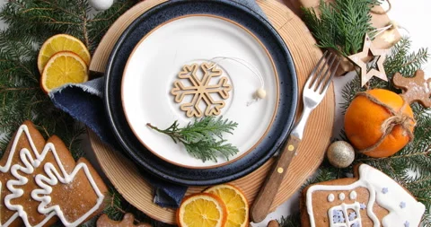 Christmas eco friendly  table setting. Holiday concept, rotate, top view.  Stock Footage 225406931