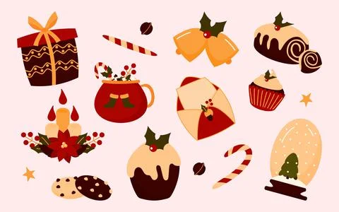 Christmas element bell gift mug cartoon vector set Stock Illustration