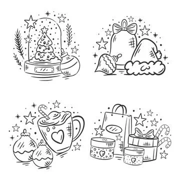 Christmas element collection hand drawn for coloring Stock Illustration