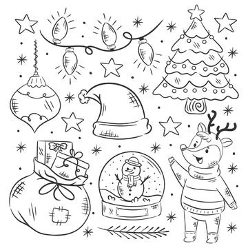 Christmas element collection hand drawn coloring Stock Illustration