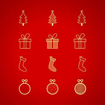 Christmas element collection on red background. Christmas golden ball, sock,  Stock Illustration