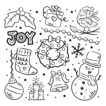 Christmas element set of hand drawn for coloring Stock Illustration