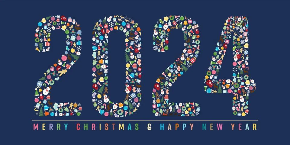 Christmas elements as 2024 on blue background flat design vector illustrati.. Illustrazione stock