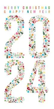 Christmas elements as 2024 on white background vertical shape flat design v.. Illustrazione stock